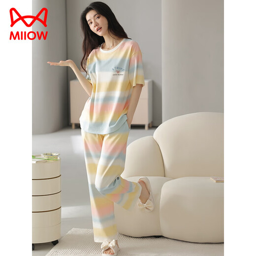 猫人（MiiOW）夏季女士短袖睡衣套装100纯棉长裤家居服全棉可外穿夏天条纹卡通 Y9716 XL (建议115-130斤)