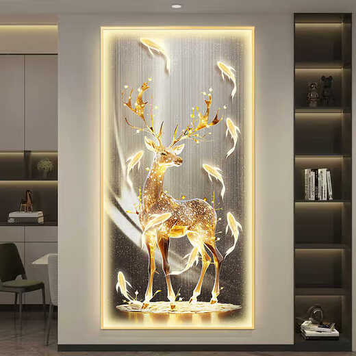 Chengzai Fugui Elk Living Room Decoration Painting Light Luxury Atmospheric LED Lights Directly opposite the door Wall Mural Painting Hallway Hanging Painting T12859 50*100 (Suggested 0.7-0.8 meters wall) Textured oil canvas aluminum alloy gold frame [no lamp]
