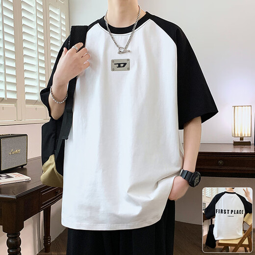 龙桃子插肩袖t恤男夏季美式潮流撞色圆领套头衫男生青少年设计感体恤衫T 1105白色 M 约85~105斤可穿
