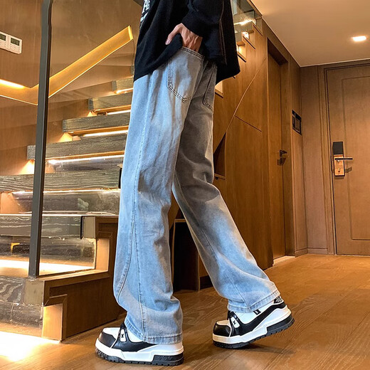 JEANSWEST scimitar micro-flared jeans for boys American high street spring and autumn new wide-leg straight casual flared pants for men autumn 621 black drawstring style XL 135-155Jin Jin is equal to 0.5 kg