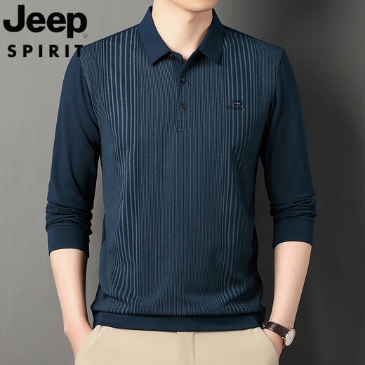 JEEP SPIRIT吉普春秋装条纹印花爸爸长袖T恤男棉翻领大码上衣中年男纯棉打底 826灰色 2XL 180/120(160-180斤)