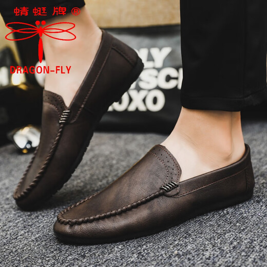 Dragonfly brand beanie shoes for men in spring breathable men's low-top casual leather shoes British trendy shoes men's driving shoes one-foot lazy shoes YL-D829 brown 39