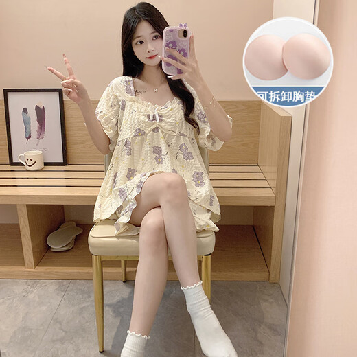 SONDR短袖带胸垫睡衣女士夏季新款甜美可爱碎花外穿家居服短裤套装 JDX-短袖套装3927-6#小碎花 【1 L 【建议98-115斤c
