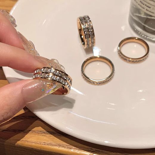 Platinum Ring Ring Gypsophila Ring Women's Niche Design Couple Ring Plain Circle Full Diamond Ring Women's Light Luxury Tail Ring Ring Gypsophila Ring Silver Two-piece Set