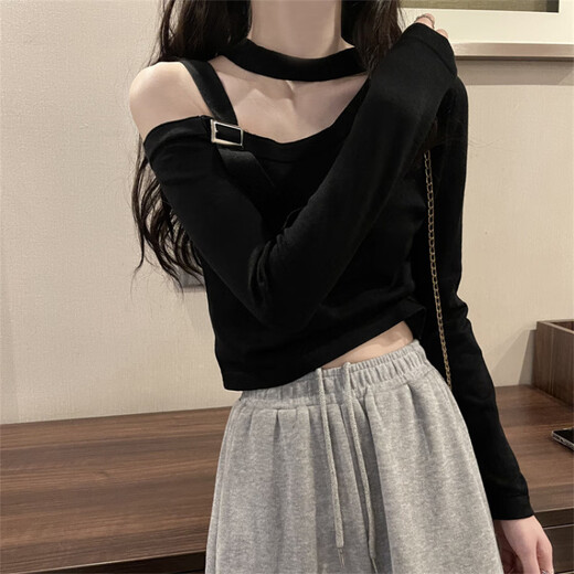 荣西图（RONGXITU）设计感韩版一字肩上衣2025短款针织衫广州十三行 11303黑色 均码 (70-125斤可穿)