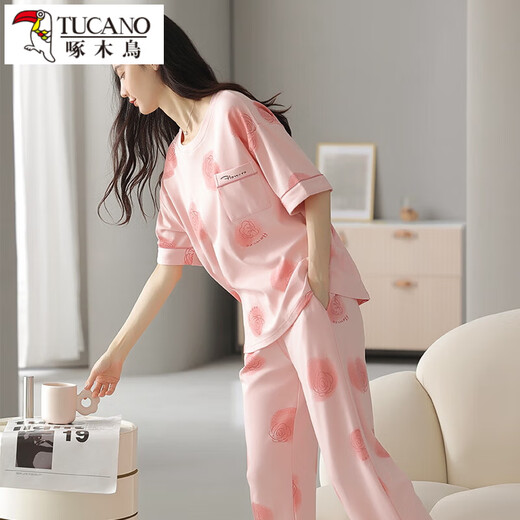 啄木鸟年新款睡衣女夏季纯棉短袖长裤甜美可爱家居服薄款套装 9716 M 建议80-100斤穿