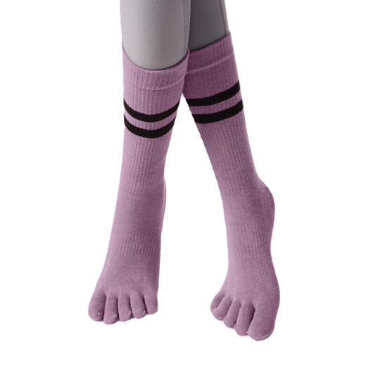 Zailu autumn and winter yoga socks, non-slip, women's indoor special fitness five-finger Pilates socks, split toe mid-calf socks, 2 pairs of black stripes