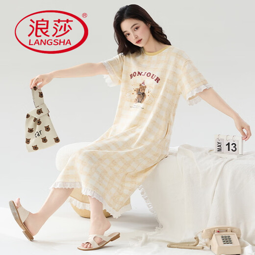 浪莎（LangSha）纯棉睡裙女夏季中长款连衣裙短袖睡衣可爱休闲大码胖m200斤家居服 QM-653 M 建议【80-100斤】