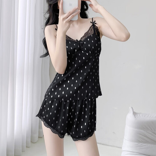 Монтегет Лето Новый ледяной и снежный шелковой шорты Set Set Women Women's Korean Style Имитация шелковая сексуальная сексуальная грудная площадка мода с двумя частями 9226# Black One Size m