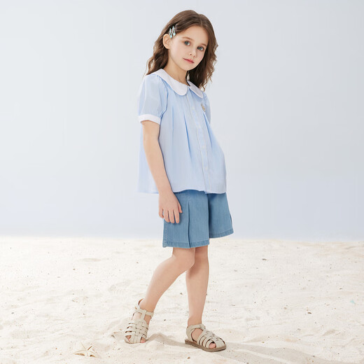 PawinPaw cartoon bear children's clothing 25 spring and summer new girls cute lapel short-sleeved shirt sweet Blue blue/50 120