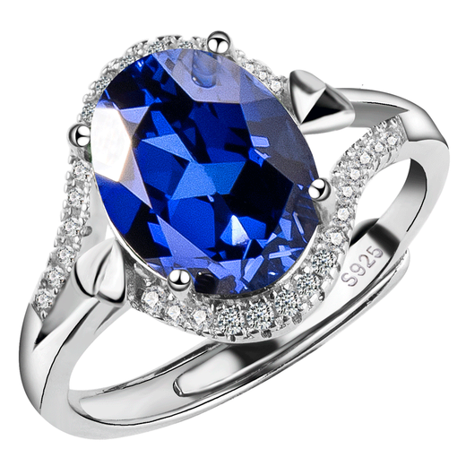 Fat Donglai's same style sapphire ring s925 silver for women, fashionable and personalized, Korean version with diamonds, simple silver tanzanite set, silver sapphire ring + certificate, adjustable finger ring
