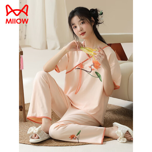 Catman (Miiow) Pajamas à manches courtes pour femmes Summer New Chinese Style mince Coton Home Clothers peut être porté à l'extérieur pour l'été décontracté Lzy9906 XL (recommandé 115-130jin [Jin est égal à 0,5 kg]))
