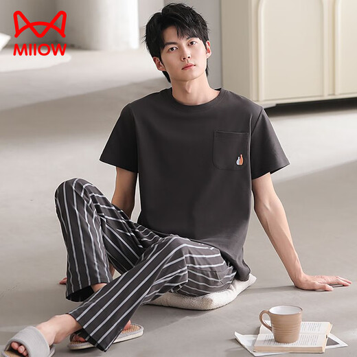 MiiOW Herren-Pyjama, Sommer, neue coole Baumwolle, Rundhalsausschnitt, kurzärmelige Hose, Jugend, koreanischer Stil, lässige, lockere Heimkleidung, kann draußen getragen werden 12014 L