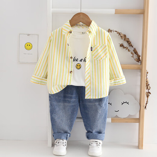 Mumuwu (mumuwu) 2025 new spring and summer boys striped shirt tops baby boy jacket 1-15 years old children summer thin lining yellow and green stripes 90 size 4 recommended height 80-85cm23Jin Jin is equal to about 0.5 kg