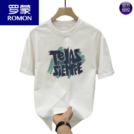 ROMON American style handsome pure cotton printed short-sleeved luxury T-shirt for men's summer fashion brand street loose round neck half-sleeved black [K854 TEJAS] S S Recommended 90-100Jin [Jin equals 0.5 kg]