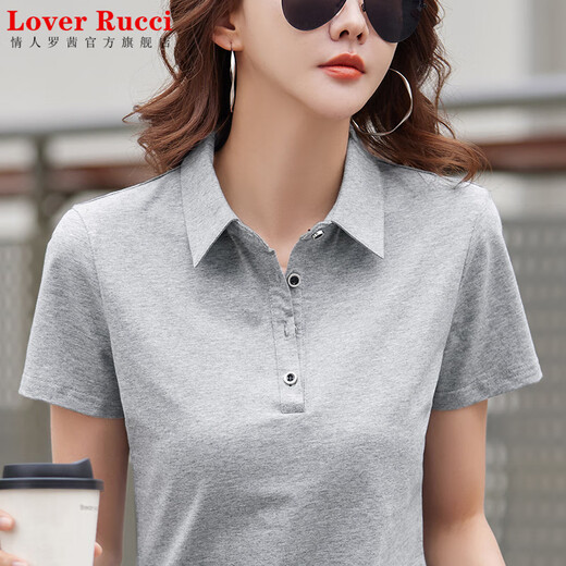 LOVER RUCCI纯棉翻领短袖紫色t恤女夏装新款polo领纽扣宽松休闲运动半袖上衣 9853绿色 (短 袖) S 建议80-95斤