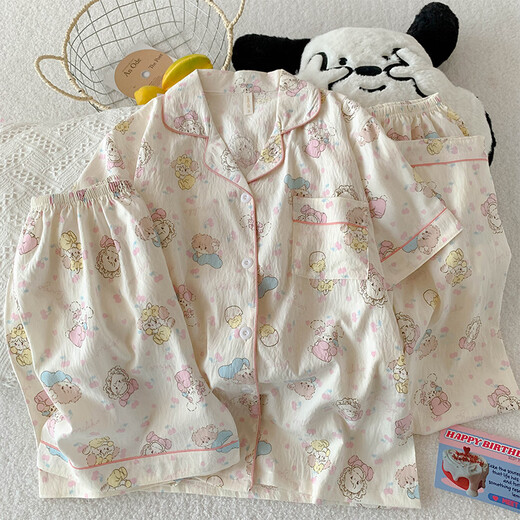 S.sofea Cloud Cotte Pajama для женщин Лето-розовый кошка мультфильм с короткими рукавами с тремя частями.