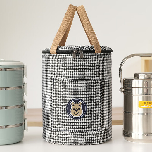 Pu Lian round insulated lunch box bag, aluminum foil thickened handbag, insulated bag with rice bucket for office workers, portable meal bag, round barrel insulated style, bear label denim blue, large size, diameter 23, height 29 cm