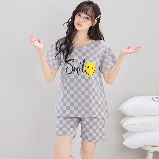 Pyjamas modal pour femmes été 2025 Nouveau coton pur coton à manches courtes à manches minces gras mm200jin [Jin est égal à 0,5 kg] grande taille de vêtements pour filles costumes à manches courts-Q1392 SMIEY SMILEY FACE L FEMMES STANDARD 2X Recommandation 1e