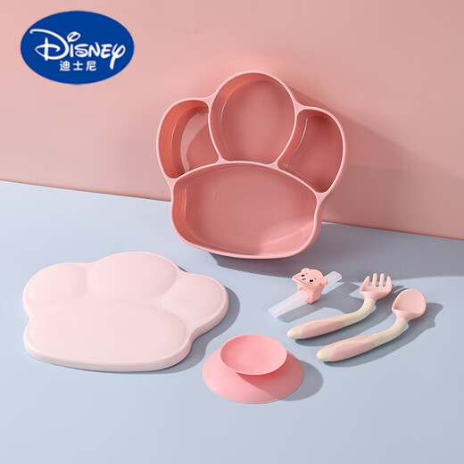 迪士尼（Disney）宝宝吃饭餐具全套婴儿餐盘吸盘式食品级儿童餐盘勺叉吸管吸盘 乐康可爱猫爪餐盘-蓝色 带防尘盖