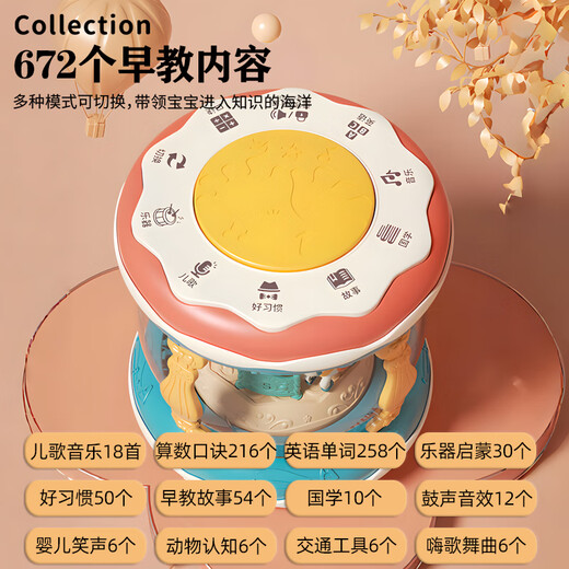 
SEMALAM Hand-pat drum baby 0-1 year old toy baby music padd drum early education 2-3 children 6 months and over nine [USB charging] Large Trojan drum - Orange (within 672