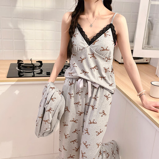 Ziwei Qifeng Hosenteil Pyjamas für Frauen mit Brustpolstern für Frühlings-Langarmjacke Hose Spitze Spitze Home Kleidungsstück Z13803# Graues Drei-teiliger Set 170 m Vorschlag 80-100