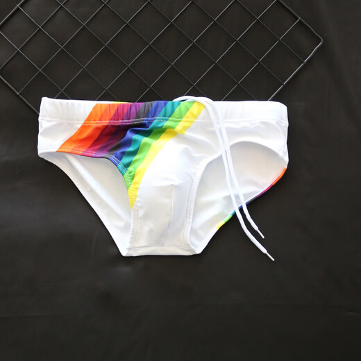 Manson Snow Lotus Summer Swimming Pants Rainbow Stripe Print Low Waist Men's Triangle Swimming Pants Cup Anti-Embarrassing Tie Beach Pants Men's Rainbow Orchid With Letters Free Cup XL