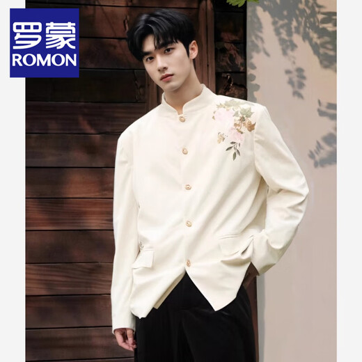 ROMON New Chinese Style Stand Collar Suit Peony Butterfly Embroidered Mao Suit Groom Wedding Chinese Style Jacket Men's Tang Suit Black Single Suit XL