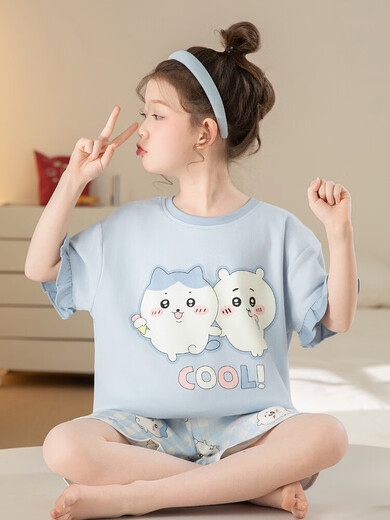 Mädchenpyjama, kleine acht kurze Ärmeln, Sommerpure Baumwolle, Ji Kawa, große Kinder, Mädchen, Schüler der Junior High School, Heimkleidung, sommerdünn N829 Pacha 165 l Größe [Gewicht 100-115 Jin [Jin gleich 0,5 kg]]]