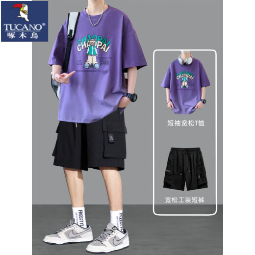 啄木鸟（TUCANO）青少年夏季套装短袖t恤男初中生2025新款高中生男孩夏装两件套 紫色6169-T (短袖T恤+短裤) XL (建议体重120-140斤)