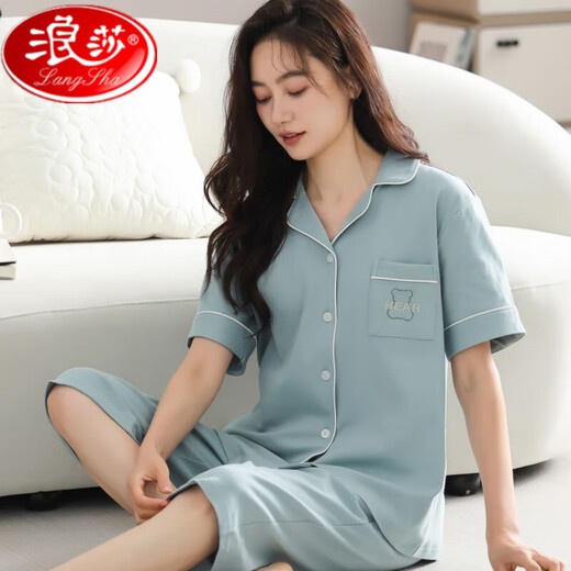 浪莎纯棉睡衣女士2025夏季短袖七分裤中青年款大码开衫套装薄款家居服 n9896短袖七分裤开衫 M (80-100斤)