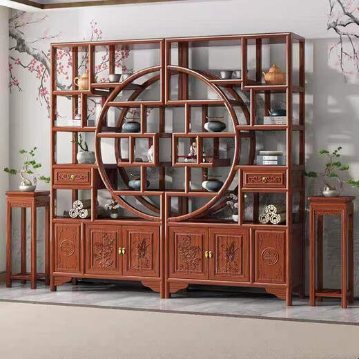 Yi Lei New Chinese Style Floor Standing Solid Wood Bogu Rack Duobao Pavilion Living Room Storage Rack Office Ornament Rack Tea Rack Storage Cabinet Classic Happy Reunion Rosewood Color 1 Pair 192/196/30
