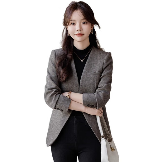 Yuanfeiya gray collarless suit jacket for women 2025 spring new style high-end casual loose top temperament small fragrance suit single piece gray suit L recommended 108-118Jin Jin equals 0.5 kg