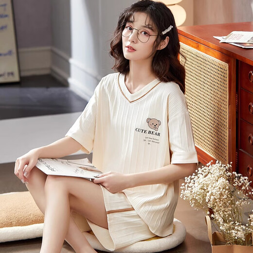Pajamas for women summer pure cotton Korean style cute large size short-sleeved two-piece suit that can be worn outside summer spring and autumn home clothes GXT6630 M (recommended 75-95Jin Jin equals 0.5 kg)