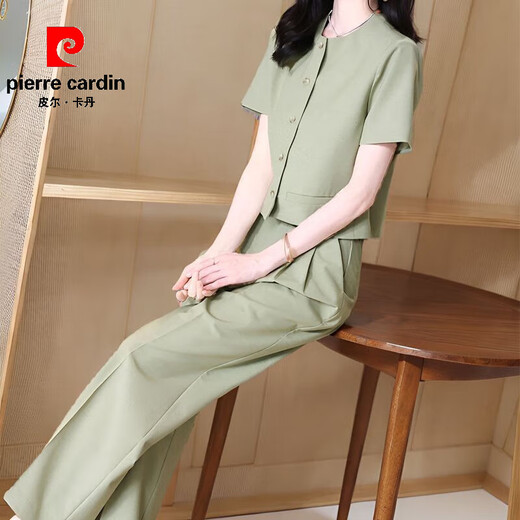 Pierre Cardin Fashion Set For Women Summer 2025 Nouveau Femmes minces à la mode Round Cou Short Shirt Pantalon Straight Set pour femmes 12608 Black Set XL [suggéré 110-125Jin [Jin est égal à 0,5 kg]]]