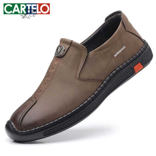 
CARTELO leather shoes men's 2025 new business casual shoes autumn breathable men's shoes soft cowhide bean shoes genuine leather middle-aged dad shoes khaki 6198 38