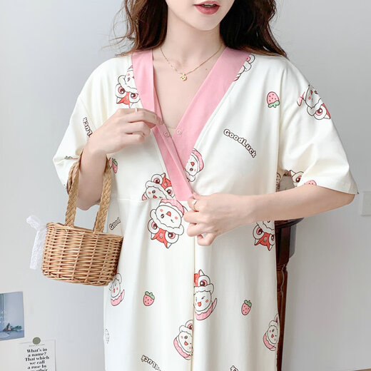 草景家夏季短袖孕妇睡裙带胸垫孕期睡衣2025新款医院进产房可外穿哺乳裙 QSY16819短袖裙子 2XL码 建议体重 135-148斤左右