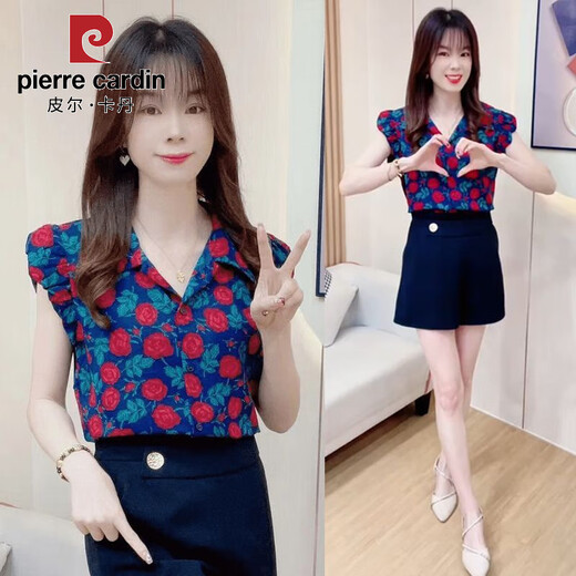 
Piercardan European and American retro shirt for women 2025 summer new fashion rose print ruffle sleeve design top blue print M