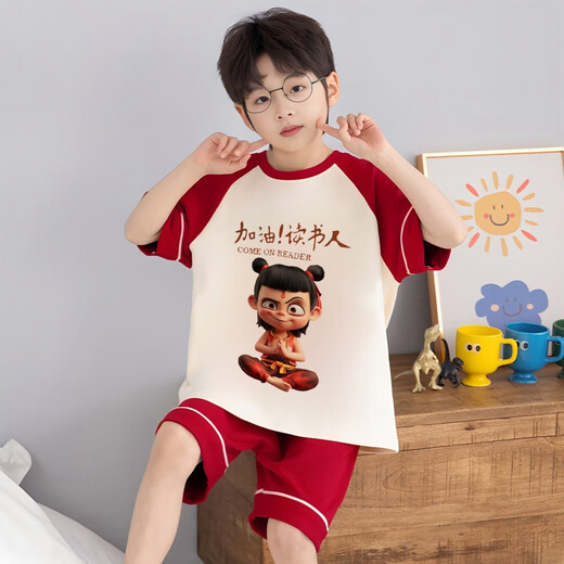 Disney 2025 neuer Sommerjunge Pyjama Kurzärärmelte Nezha Kinder Jungen Baby Medium und große Jungen Home Kleidung Set F-810# Red Nezha 100 [Höhe 1105-115 cm]