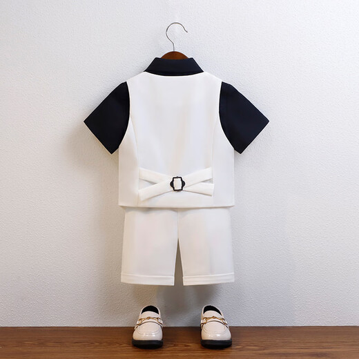 Children's Suit Dress Summer British Short-sleeved Vest Set Boys Host Speech Piano Show Show Clothes White 5-piece Set (Black Shirt + Vest + Shorts + 90 cm, Recommended Weight 20-26 Jin [Jin equals 0.5 kg]