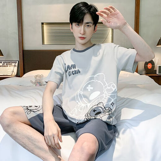 
Langsha short-sleeved pajamas men's pure cotton summer thin cotton shorts suit can be worn on the outside with large-size youth men's home clothes