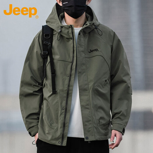 Jeep (JEEP) Jacket Men's Autumn and Winter Assault Jacket Loose Trendy Work Clothes Hooded Windproof Clothes Men's Army Green XL