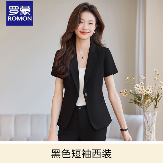 Romon Contrue à manches courtes pour femmes Spring and Summer Professional Service Education Qualification Interview Formal Black Work Small Small Suit Veste Yan-A9928 Bouton noir
