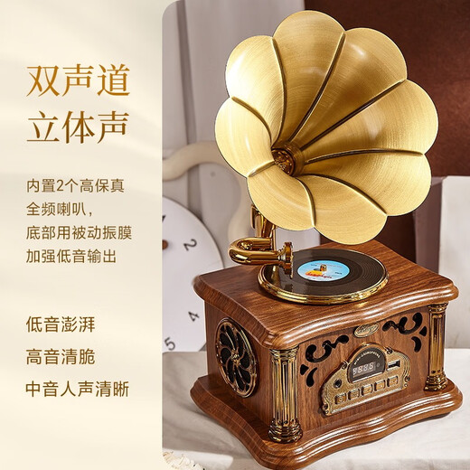 HUIYIZHIYIN retro gramophone speaker all-in-one music player large speaker high-end small audio ornaments vinyl record player walnut color rechargeable and plug-in dual-purpose rotating turntable (free U disk