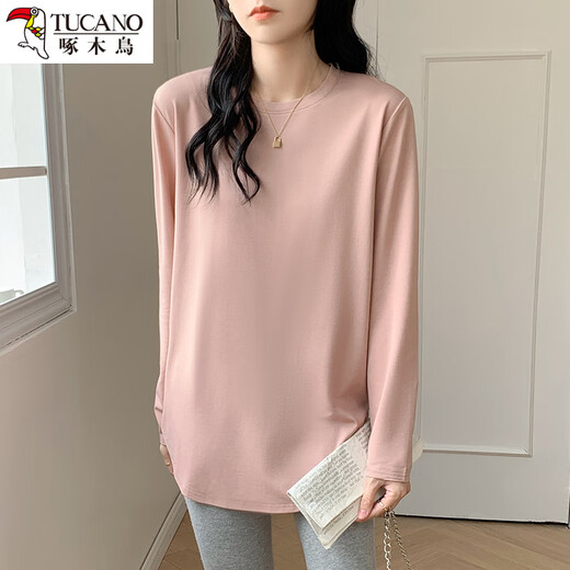 Woodpecker leather pink mid-length loose base shirt for women with fashionable new fashionable curved long-sleeved top Spring and autumn 653 meters white S