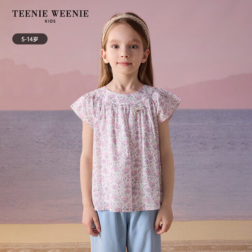 Teenie Weenie Kids Little Bear Children's Clothes Girls' Sweet Floral Round Neck Short-Sleeved Shirt Light Purple 160 cm