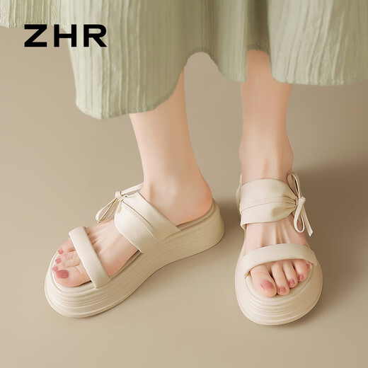 ZHR凉拖鞋女舒适百搭软厚底一字拖鞋女休闲外穿夏季女鞋 CE19 米色38