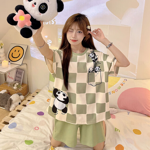Xushansi new pajamas for women in summer cute shorts and shorts plus size Internet celebrity style wear pullover summer suit home clothes 679 green dinosaur M Recommended 80-90Jin [Jin equals 0.5 kg]