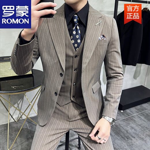 ROMON wide collar peaked lapel striped suit formal double slit wedding groom suit men's slim brown double-breasted suit + black shirt + vest + S suitable for 85-95 Jin Jin equals 0.5 kg