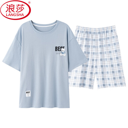 浪莎（LangSha）夏季短袖睡衣男士格子2025新款纯棉男款大码透气家居服夏天套装 9928 【专柜旗舰品质】 L
